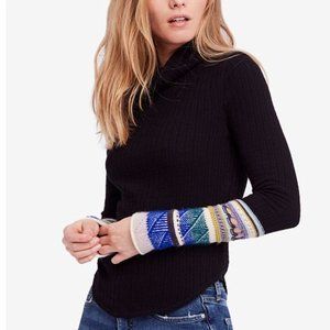 Free People Black Sweater with Colorful Patterned Sleeves